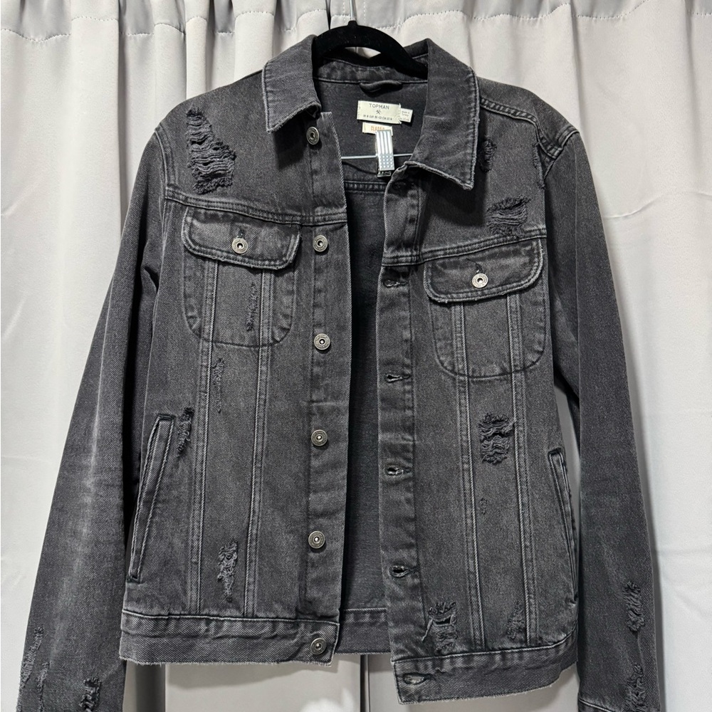 Topman Charcoal Distressed Denim Jacket